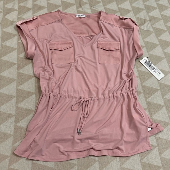 Calvin Klein Womens Pink Drawstring Short Sleeve Pullover Top Shirt S - Picture 1 of 3